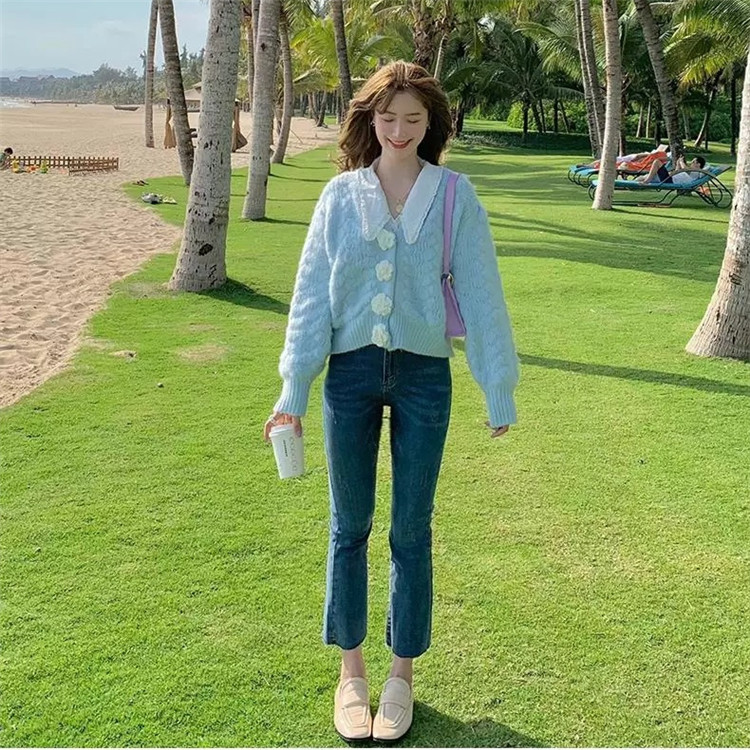 ピンクコーデ 春秋ニットカーディガン ショート丈セーター