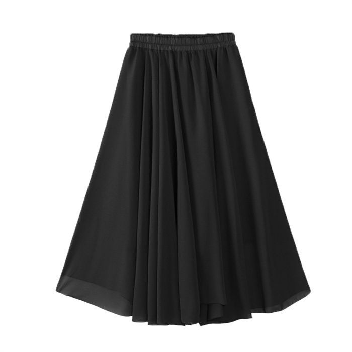 ピンクコーデ 上品なミディ丈シフォンスカート 膝下フレア