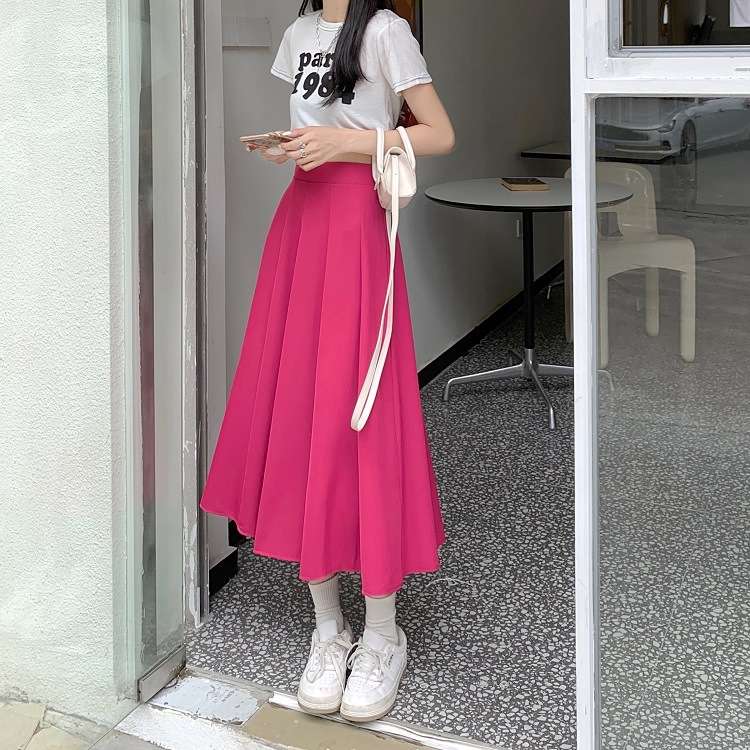 ピンクコーデ ふんわり シンプル 無地 タック フレア ロング プリーツ ピンクスカート