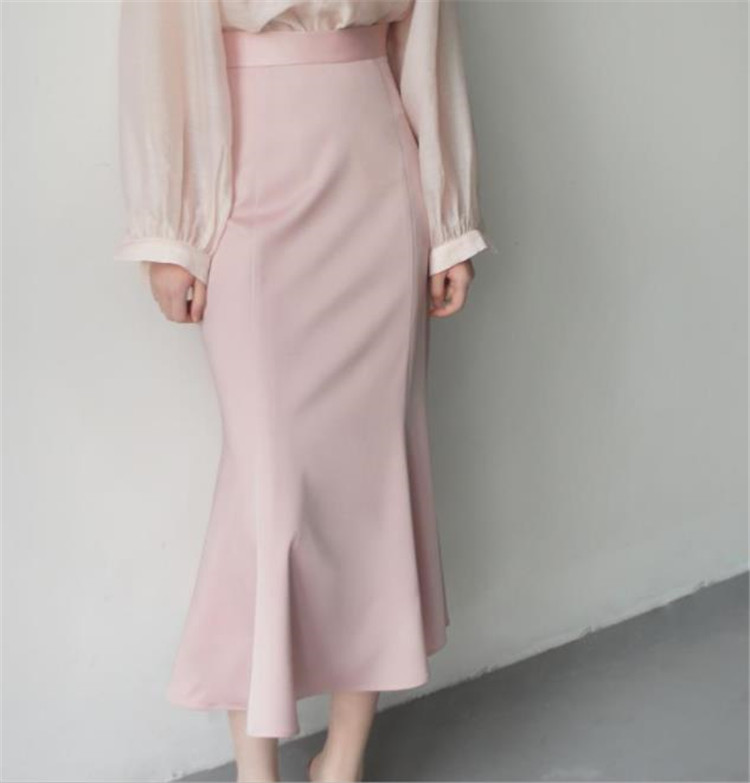 ピンクコーデ 上品ピンクハイウエストマーメイドスカート