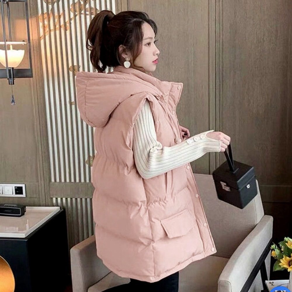 ピンクコーデ ピンク系フード付き中綿ベスト