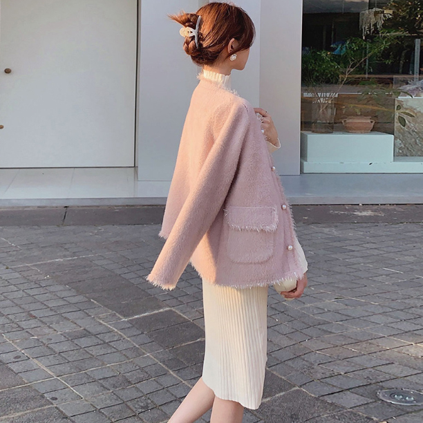 ピンクコーデ 秋新作ふわもこノーカラージャケット韓国風ピンク
