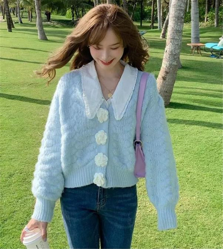 ピンクコーデ 春秋ニットカーディガン ショート丈セーター