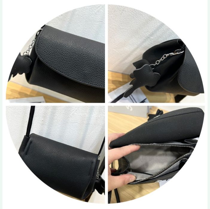 ポシェット 型押しレザー動物チャーム付き曲線大きめフラップポシェット