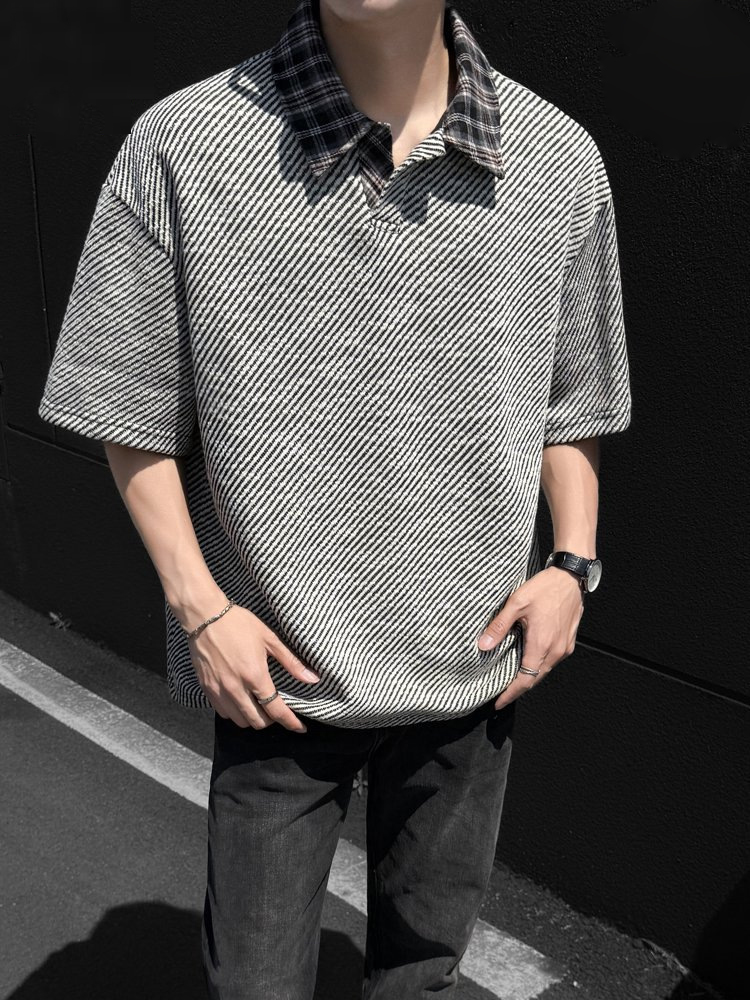 メンズ ニット ポロシャツ 半袖 チェック襟 ストライプ 男女兼用