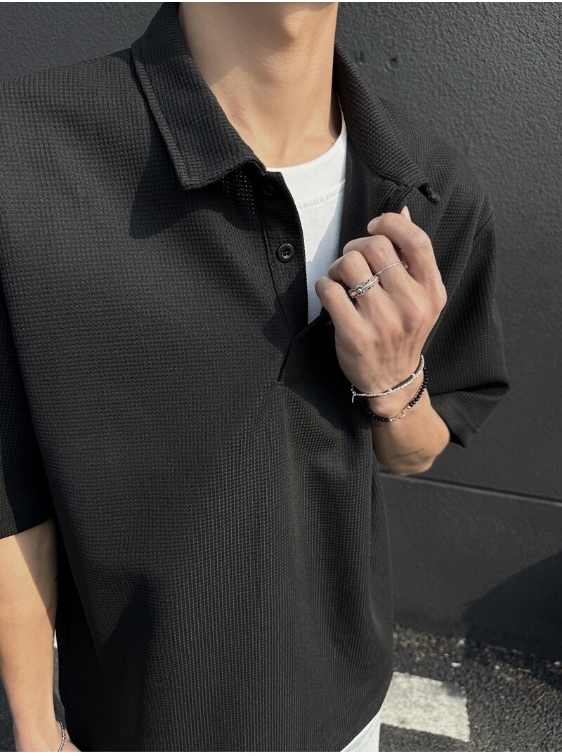 メンズ重ね着風ポロシャツ半袖無地きれいめカジュアル全2色