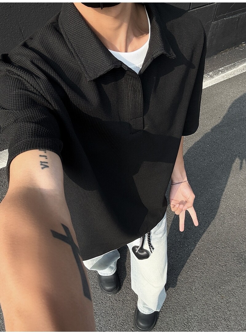 メンズ重ね着風ポロシャツ半袖無地きれいめカジュアル全2色