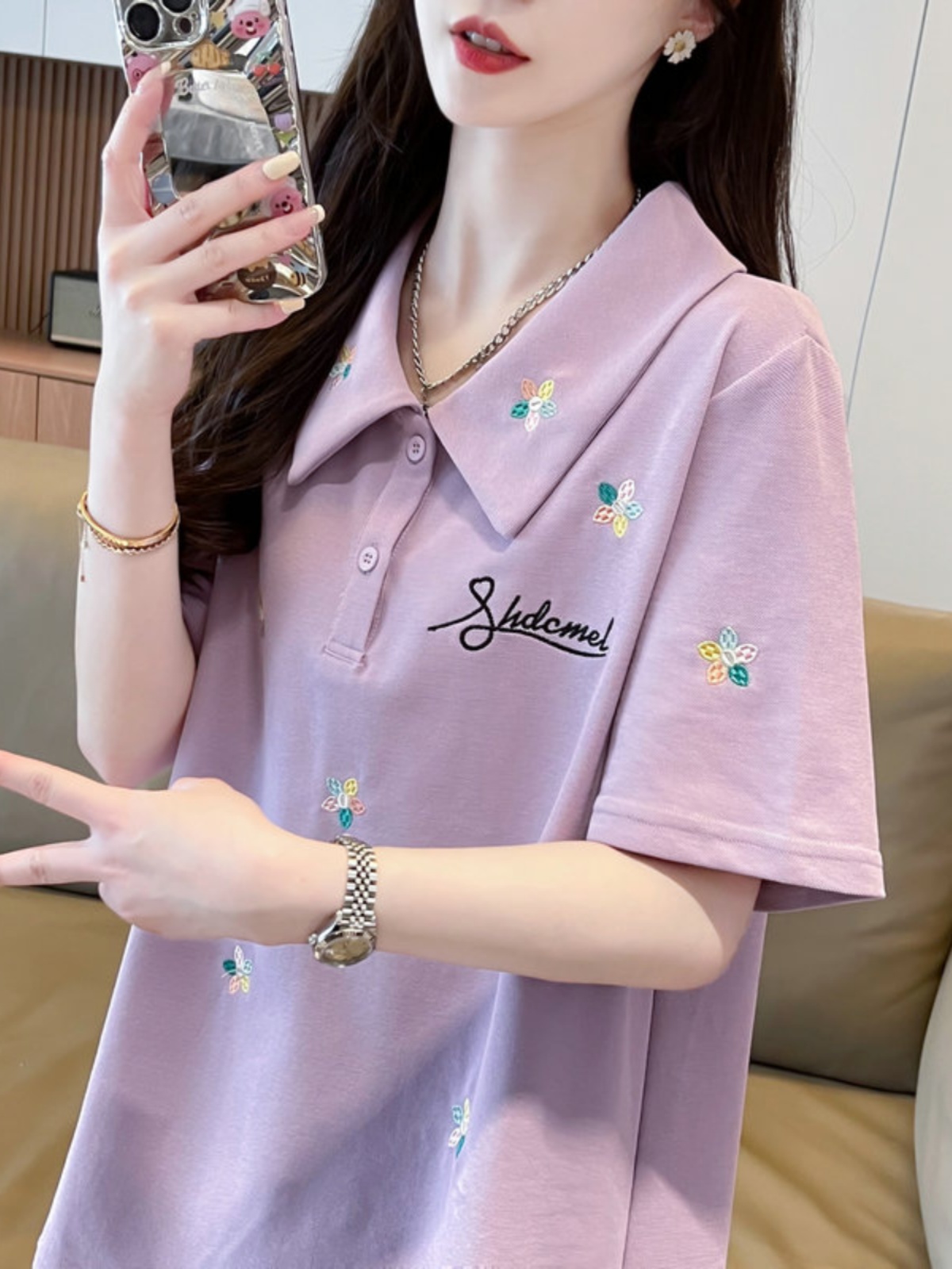 ポロシャツ 半袖 花刺繍デザイン 上品ポロシャツ