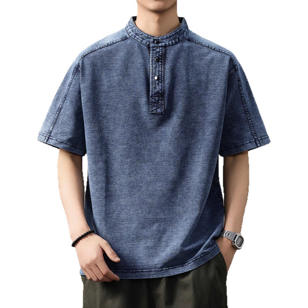 メンズ高級パイル編みデニム風スタンドポロシャツ半袖
