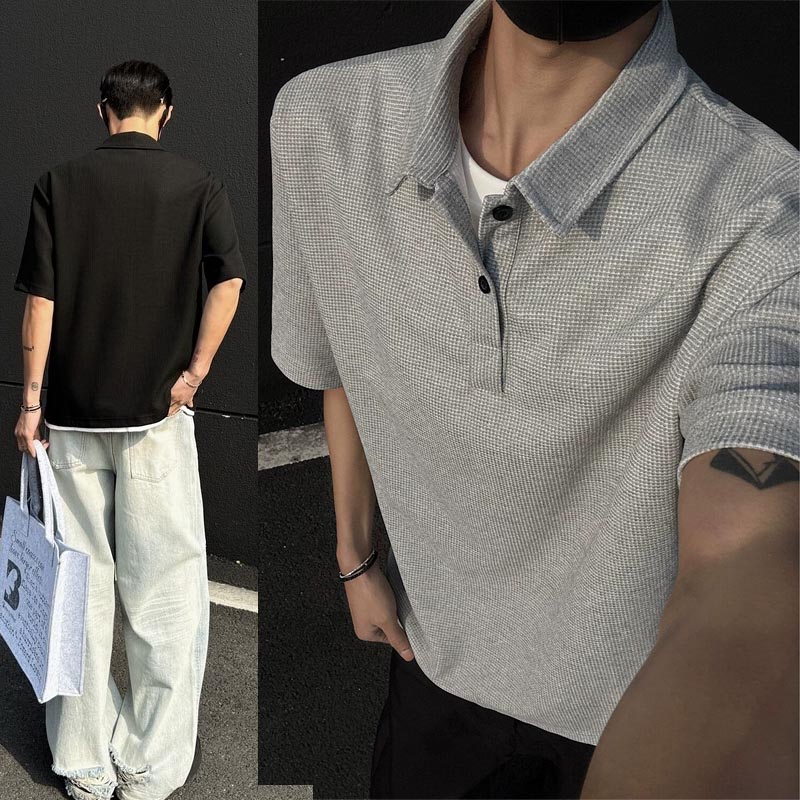 メンズ重ね着風ポロシャツ半袖無地きれいめカジュアル全2色