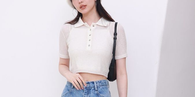 ポロシャツ ニット リブ編みショート丈ポロニット