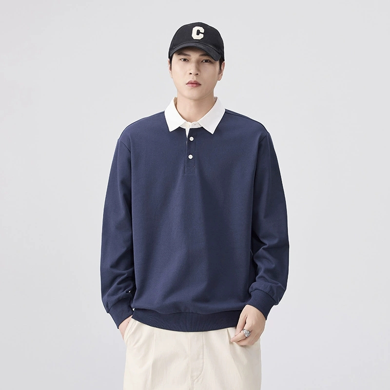 メンズ無地長袖ポロシャツ男女兼用春秋新作