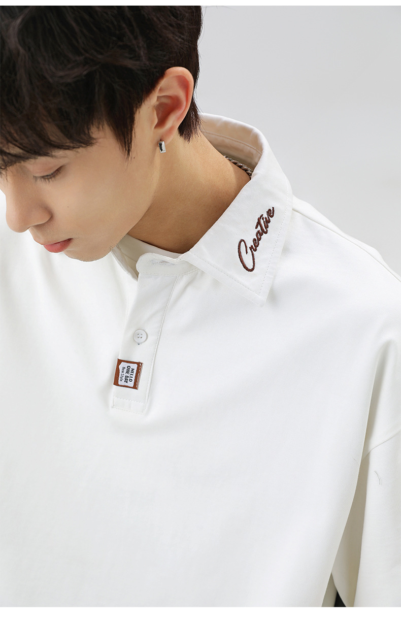 メンズ襟元刺繍ポロシャツ ゆったりシルエット半袖トップス