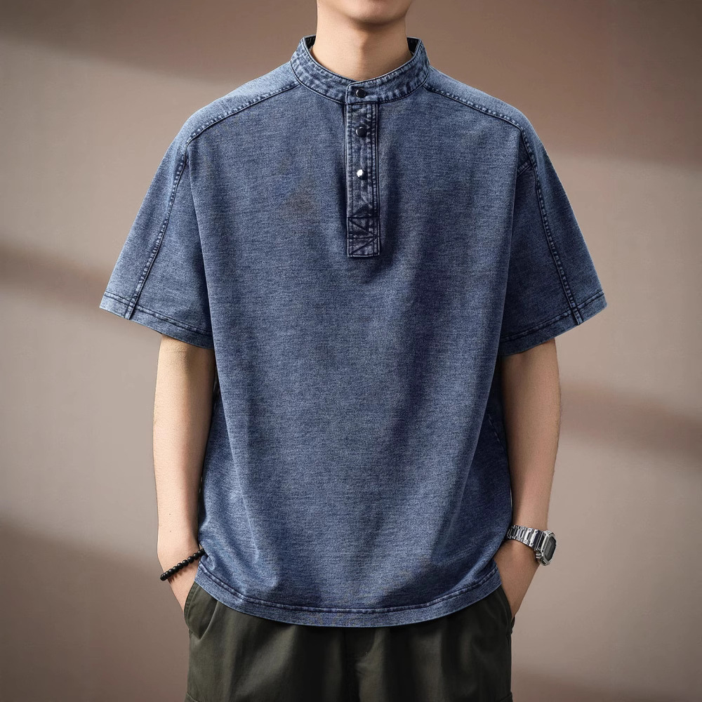 メンズ高級パイル編みデニム風スタンドポロシャツ半袖