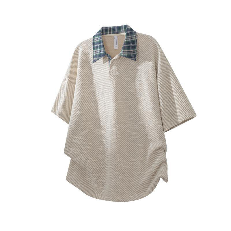 メンズ ニット ポロシャツ 半袖 チェック襟 ストライプ 男女兼用