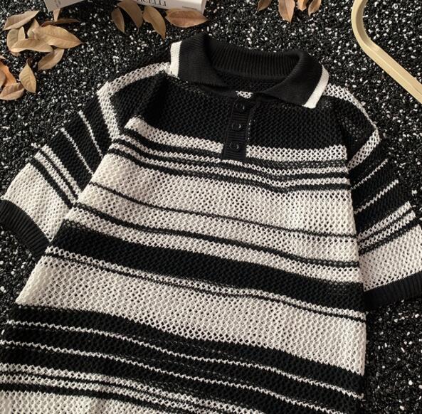 メンズ半袖ニットポロシャツ薄手ボーダー柄