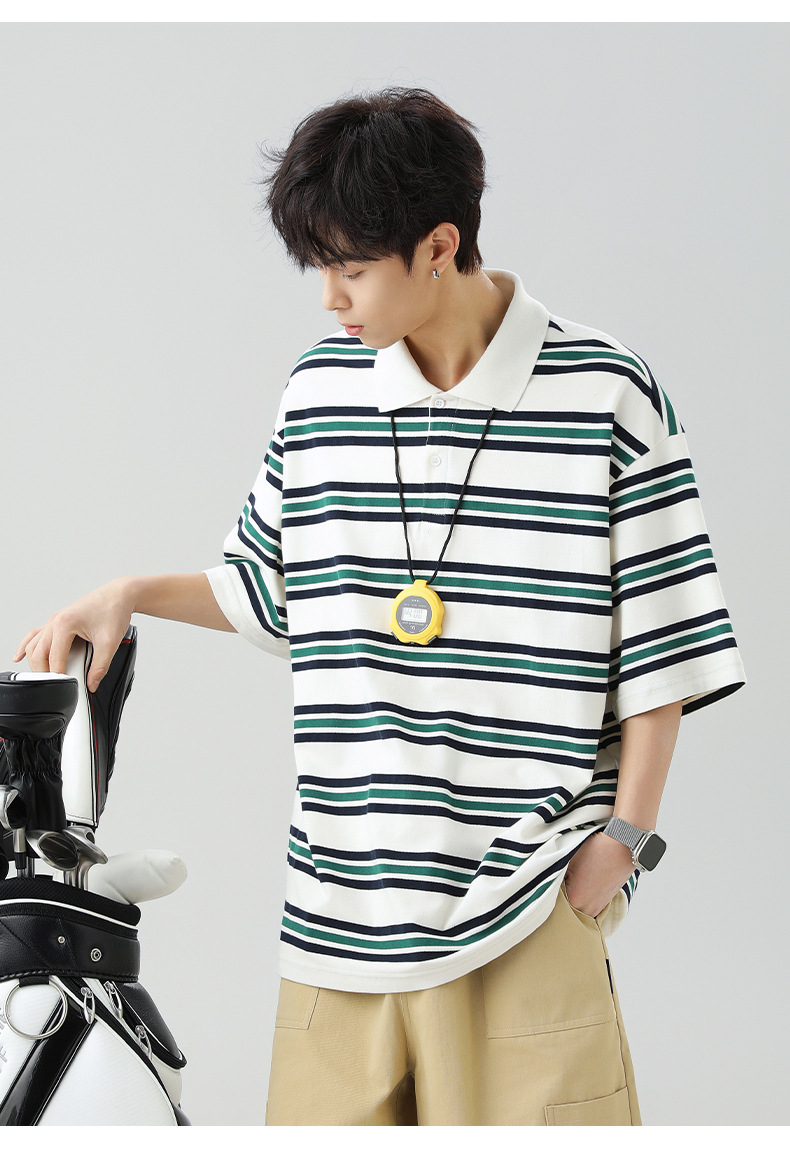 ボーダー柄半袖ポロシャツ男女兼用春夏新作