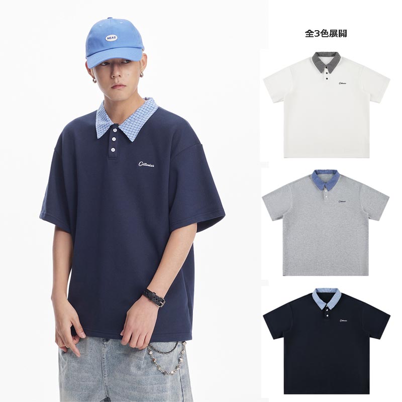 メンズ ユニセックス チェック柄襟半袖ポロシャツ 男女兼用全3色