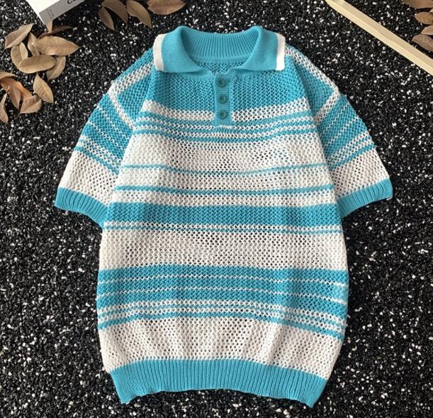 メンズ半袖ニットポロシャツ薄手ボーダー柄