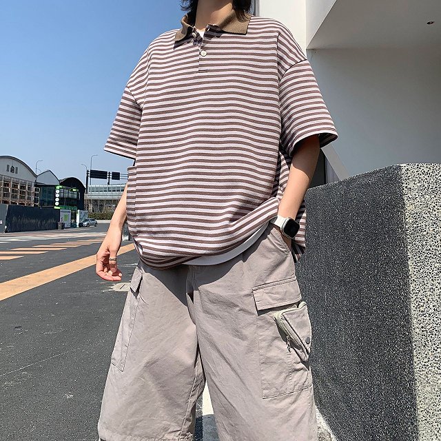 男女兼用ボーダー柄半袖ポロシャツ