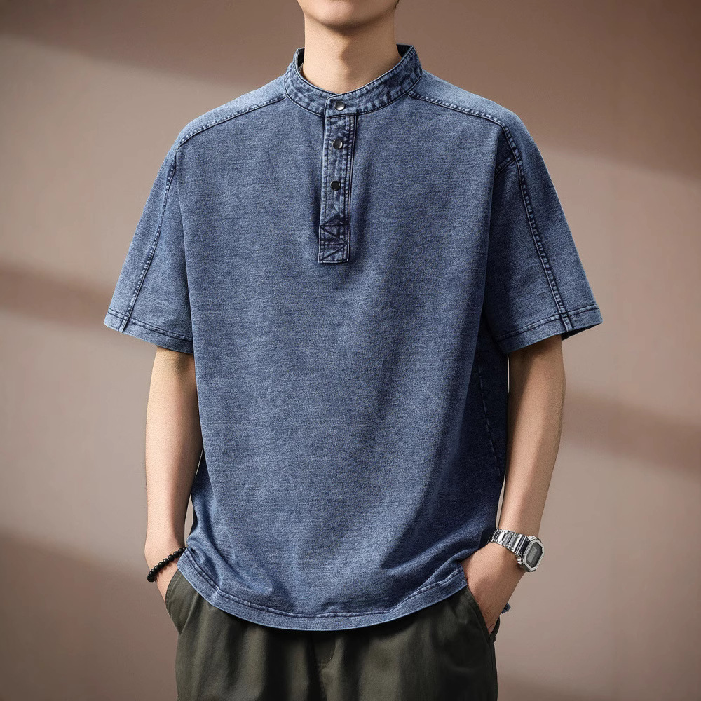 メンズ高級パイル編みデニム風スタンドポロシャツ半袖