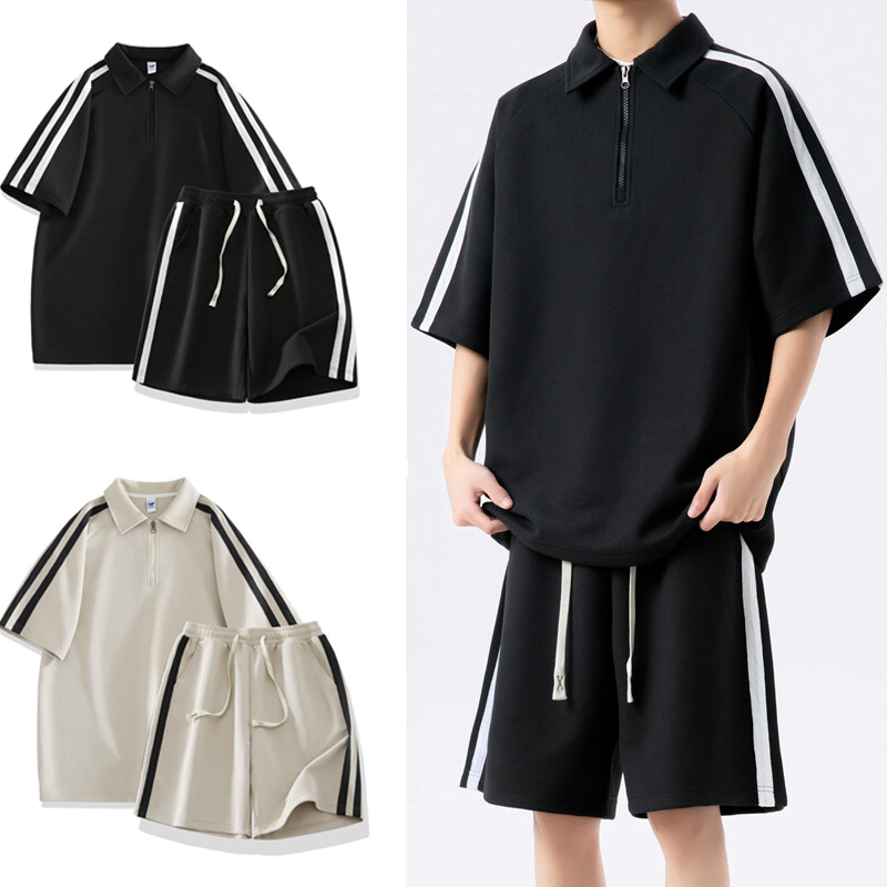 男女兼用スポーツライン入りポロシャツショートパンツセット