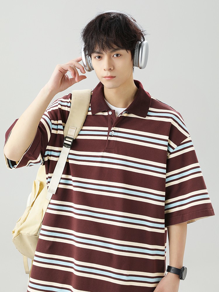 ボーダー柄半袖ポロシャツ男女兼用春夏新作