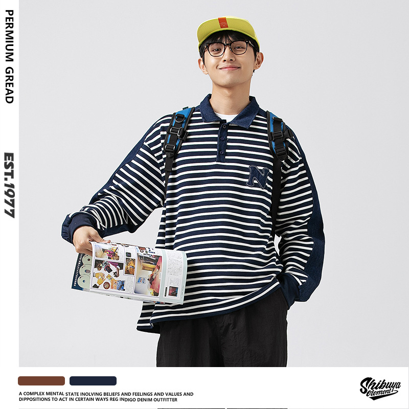 ボーダー柄長袖ポロシャツ男女兼用ストリート系秋冬新作