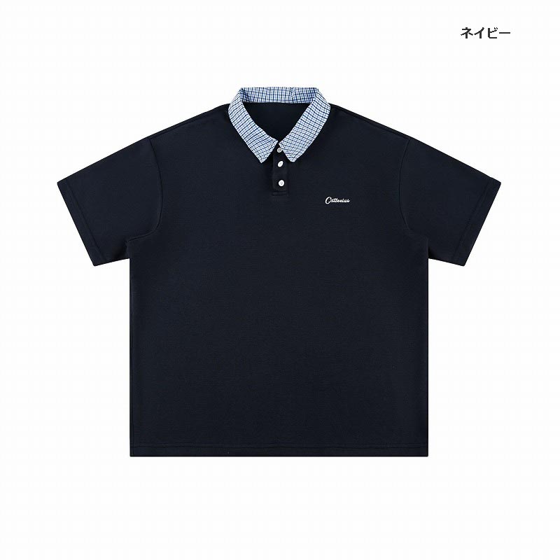 メンズ ユニセックス チェック柄襟半袖ポロシャツ 男女兼用全3色