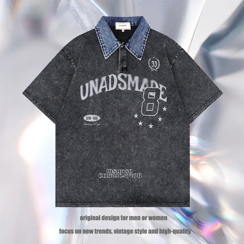 男女兼用 ビンテージ風半袖ポロシャツ ストリート系春夏新作