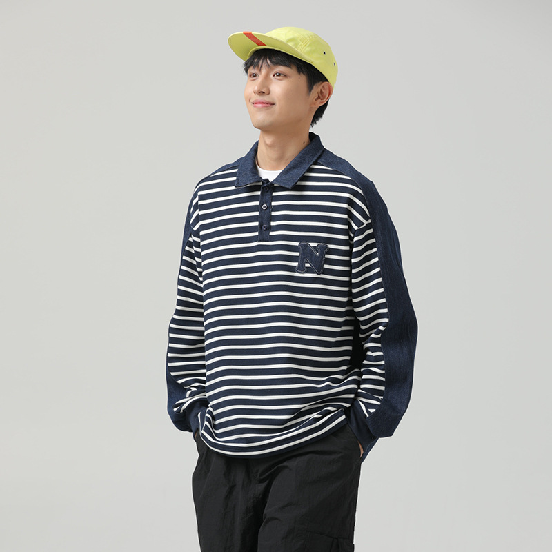 ボーダー柄長袖ポロシャツ男女兼用ストリート系秋冬新作