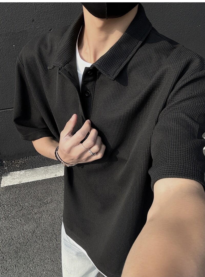 メンズ重ね着風ポロシャツ半袖無地きれいめカジュアル全2色