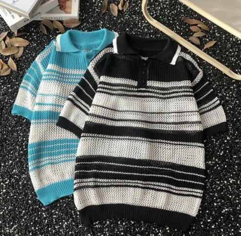 メンズ半袖ニットポロシャツ薄手ボーダー柄