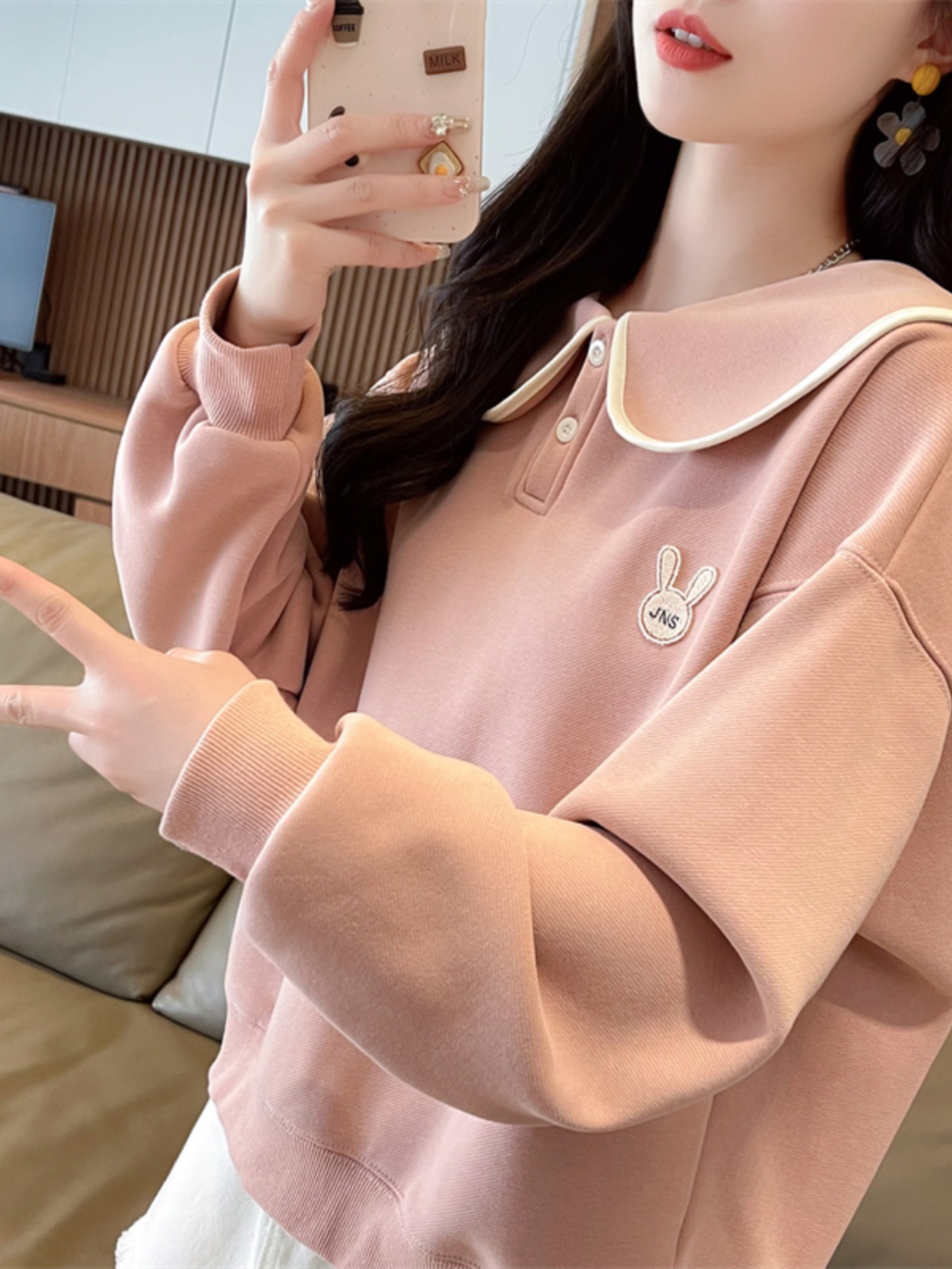 ポロシャツ スウェット うさぎ刺繍入り丸襟