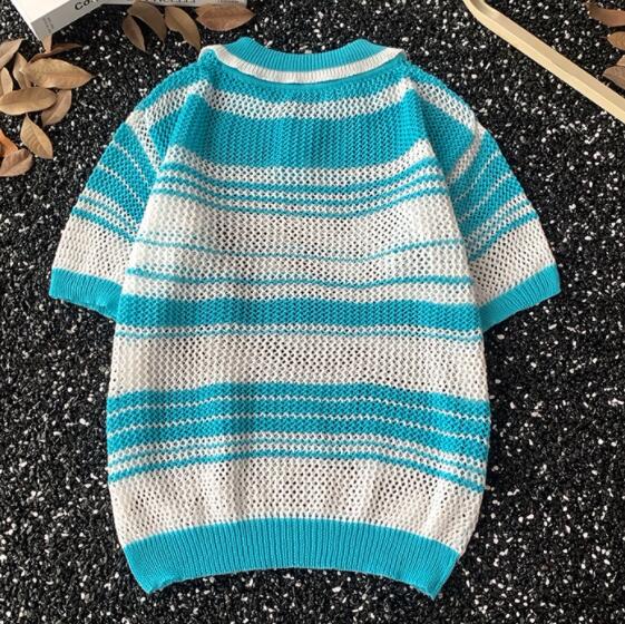 メンズ半袖ニットポロシャツ薄手ボーダー柄