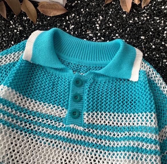 メンズ半袖ニットポロシャツ薄手ボーダー柄