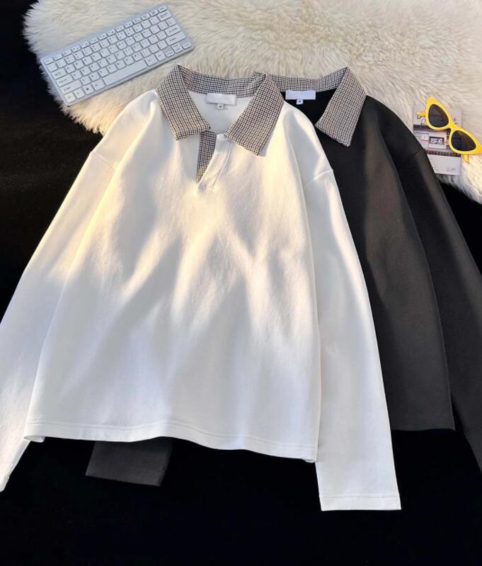 チェック柄襟付き長袖ポロシャツ メンズ