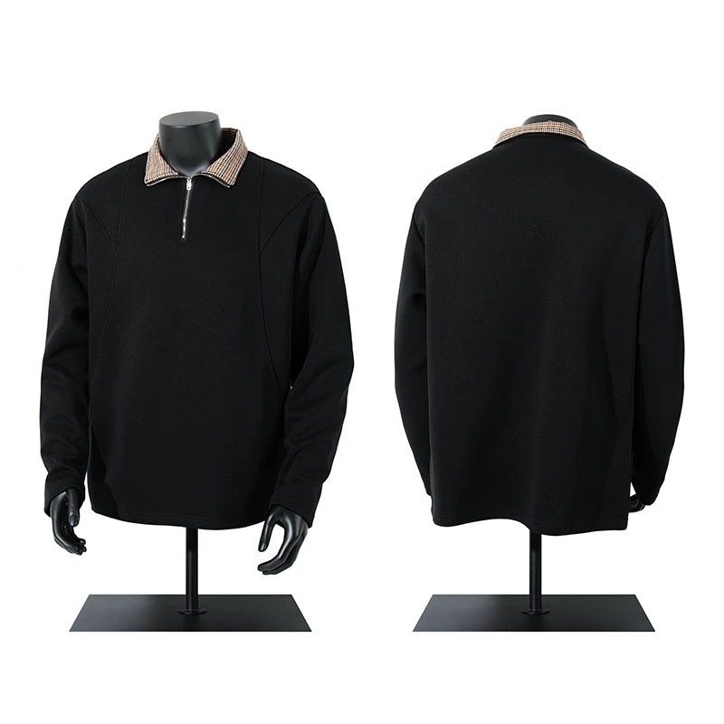 男女兼用長袖ポロシャツ黒無地チェック襟春秋新作