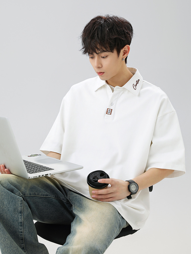 メンズ襟元刺繍ポロシャツ ゆったりシルエット半袖トップス