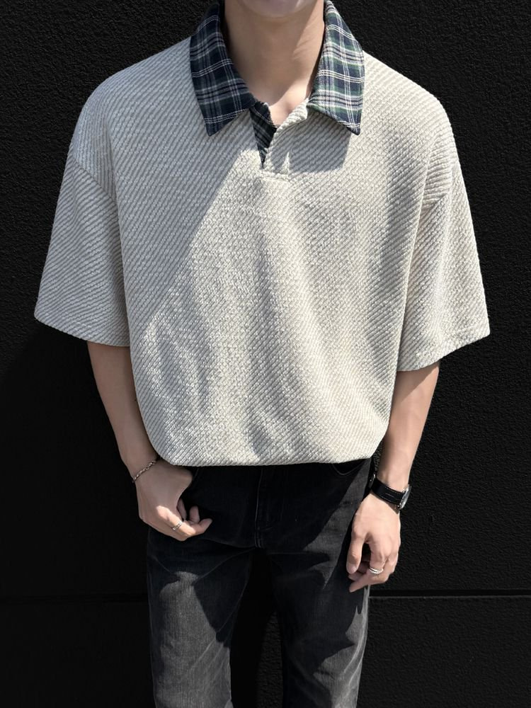 メンズ ニット ポロシャツ 半袖 チェック襟 ストライプ 男女兼用