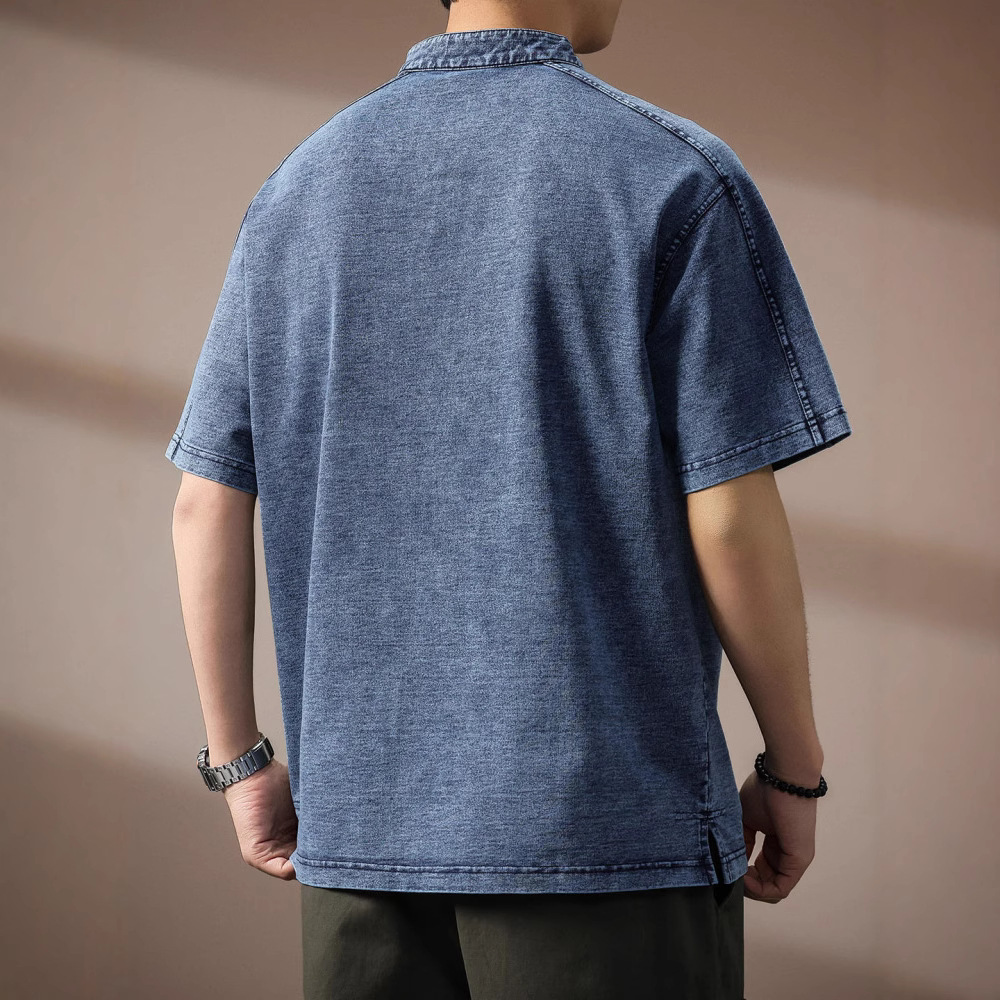 メンズ高級パイル編みデニム風スタンドポロシャツ半袖