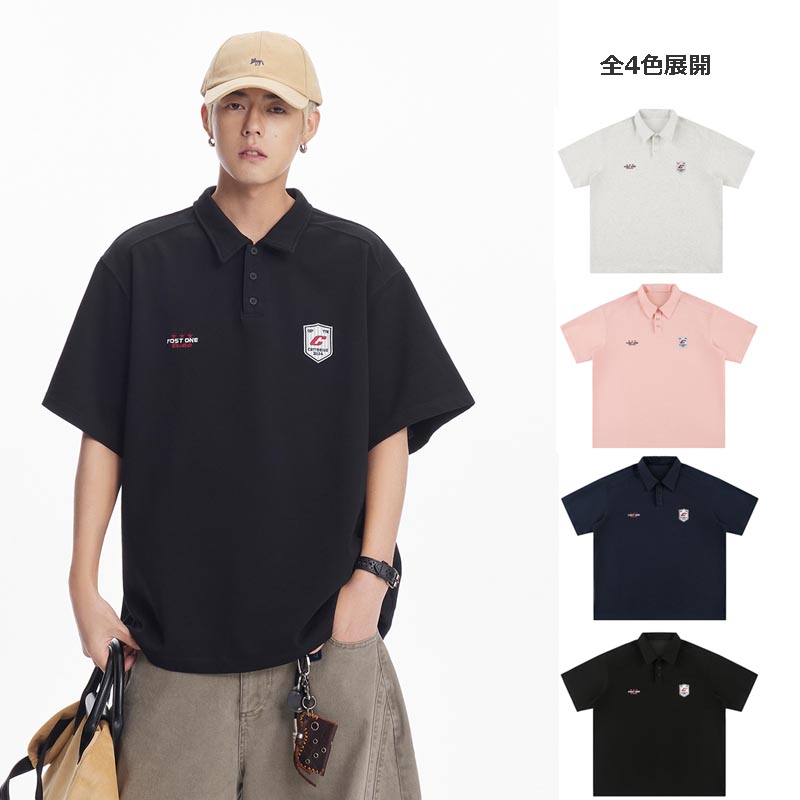 男女兼用 半袖ポロシャツ ワッペン付き オーバーサイズ 全4色