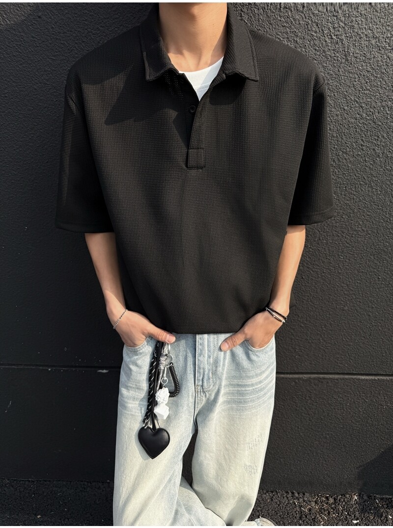 メンズ重ね着風ポロシャツ半袖無地きれいめカジュアル全2色