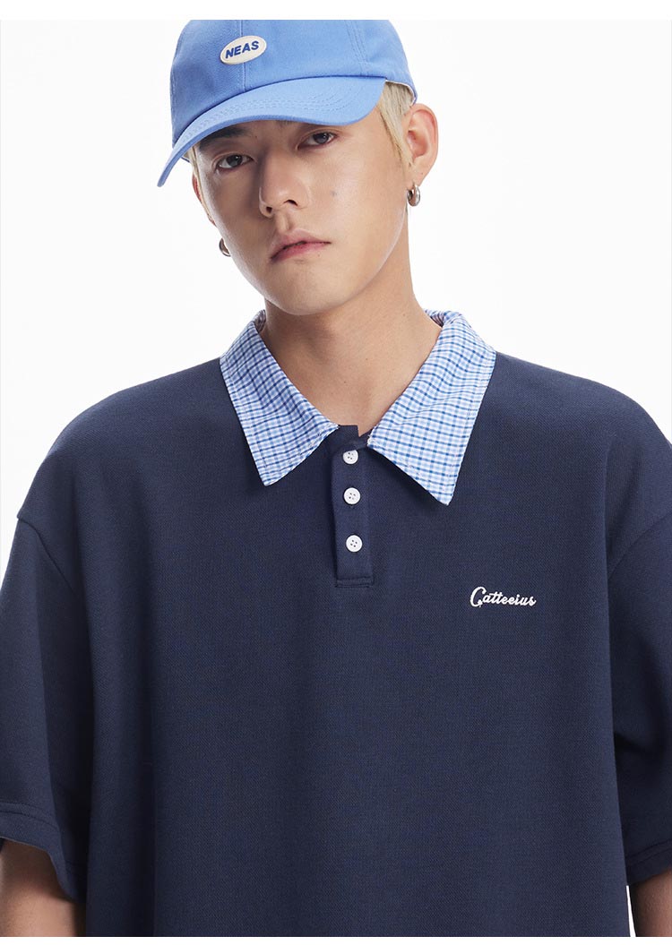 メンズ ユニセックス チェック柄襟半袖ポロシャツ 男女兼用全3色