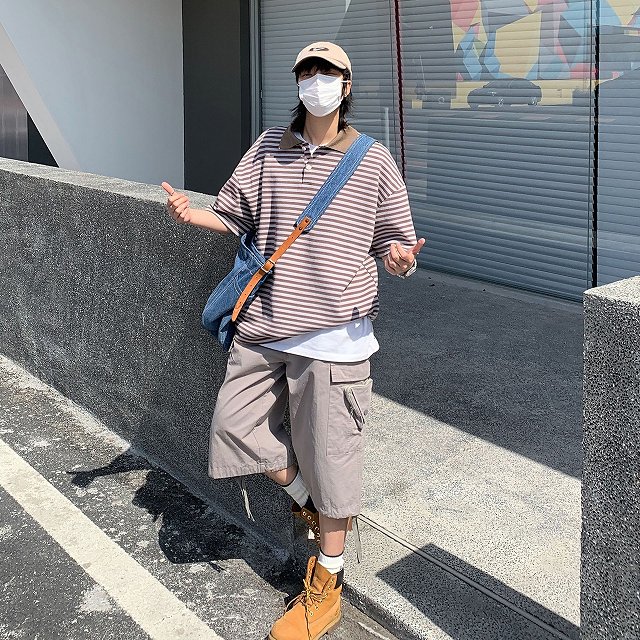 男女兼用ボーダー柄半袖ポロシャツ