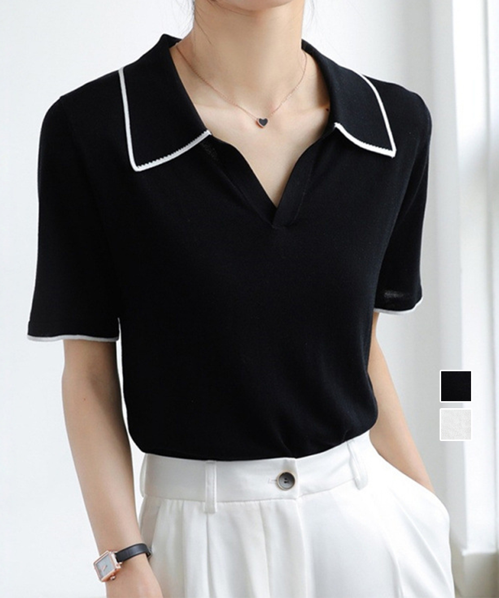 配色ライン半袖ポロシャツレディースニット夏服