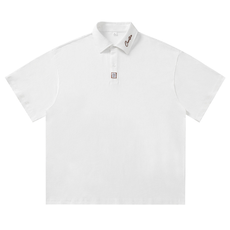 メンズ襟元刺繍ポロシャツ ゆったりシルエット半袖トップス
