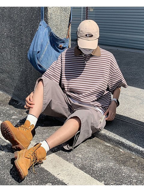 男女兼用ボーダー柄半袖ポロシャツ