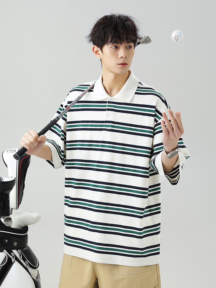 ボーダー柄半袖ポロシャツ男女兼用春夏新作