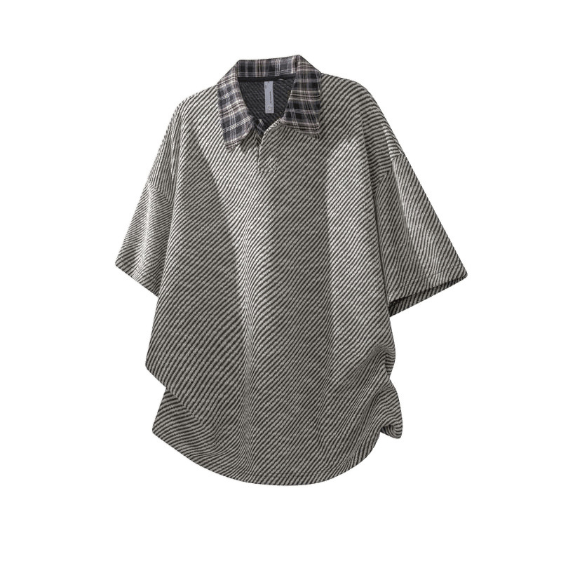 メンズ ニット ポロシャツ 半袖 チェック襟 ストライプ 男女兼用